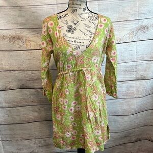Gretchen Scott Design Dress CoverUp Floral Drawstring V-neck XS Green Pink